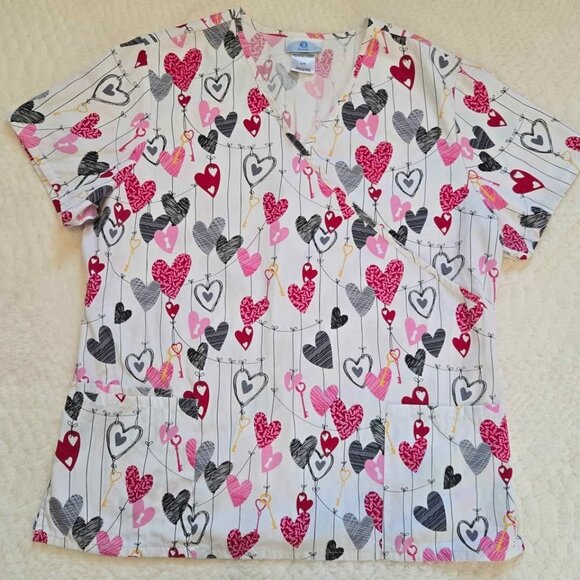 Valentines Day Scrub Top womens size L Large pink black Hearts Key - Picture 1 of 4